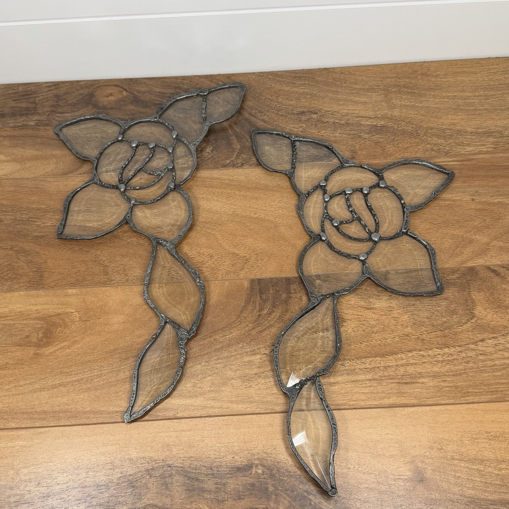 Vintage Clear Beveled‎ Glass Trailing Rose Sunbather Pair Of Window Hangings